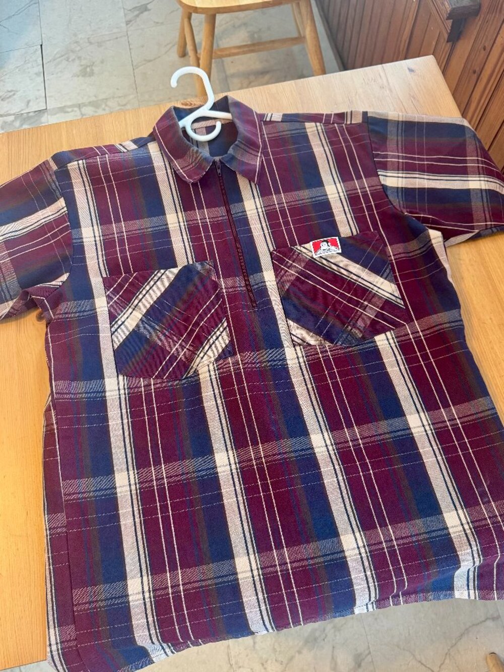 Ben Davis Short Sleeve Plaid 1/2 Zip Shirt Burgundy - Picture 1 of 3